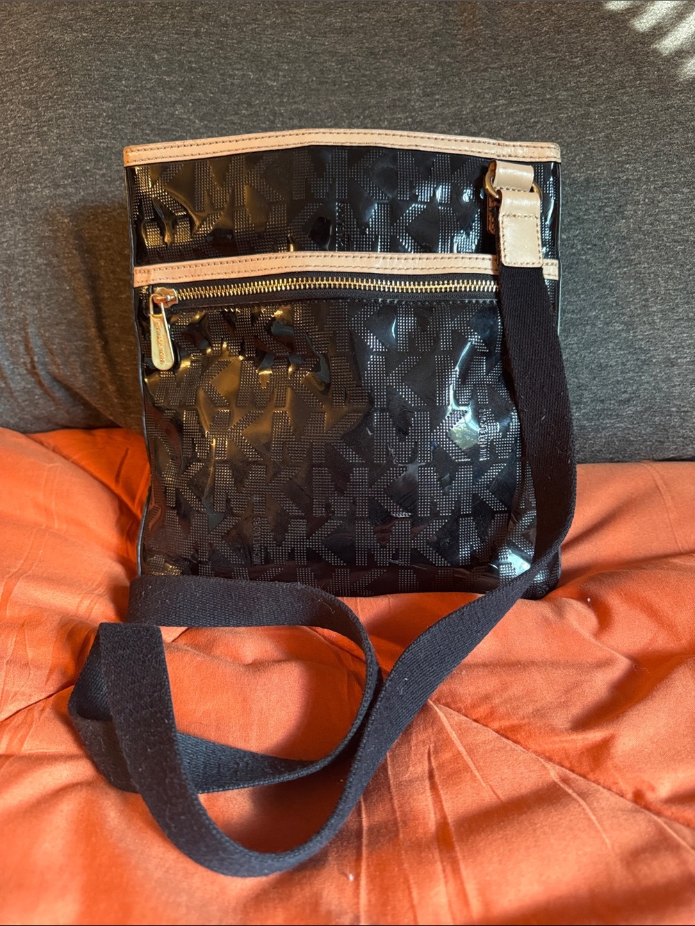Michael Kors Black Patent Logo Crossbody with Tan Trim